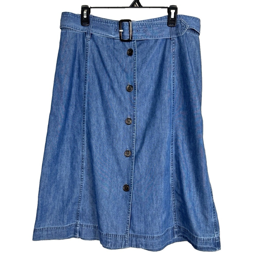 Button Front Chambray Denim Midi Skirt 12 Belted Western Country Boho Cottage